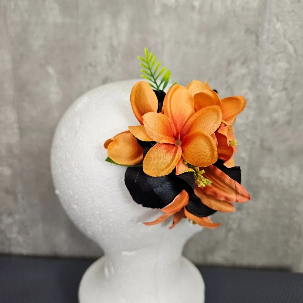 Handmade Orange & Black‎ Flowers Floral Hair Clip Fascinator Tiki Gothic VLV